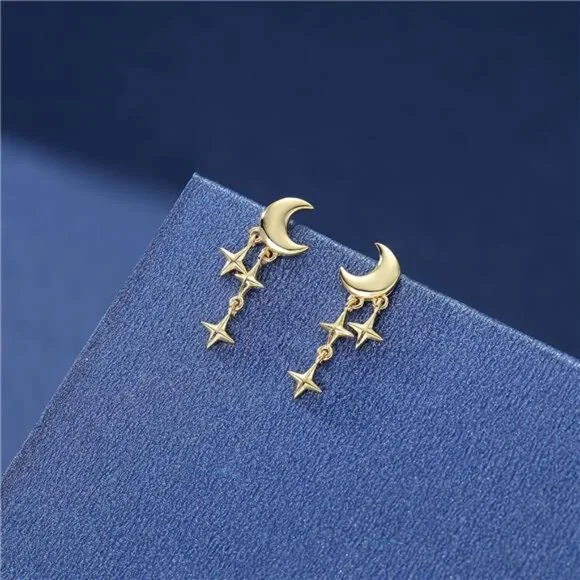 Star & Moon Stud Earrings – Rhodium/Gold Hypoallergenic - Picture 5 of 6